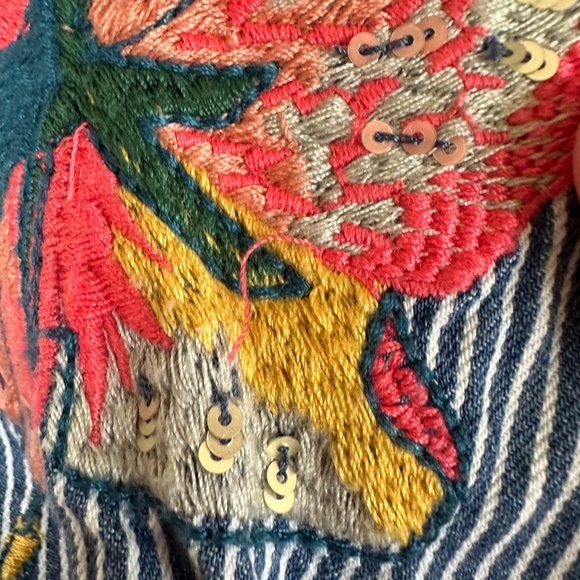 Zara Floral Embroidered Denim Striped Balloon Puff Sleeve Top SMALL - Picture 9 of 12